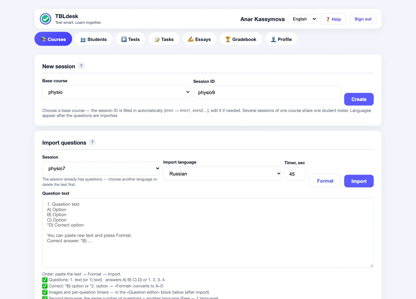 Courses tab