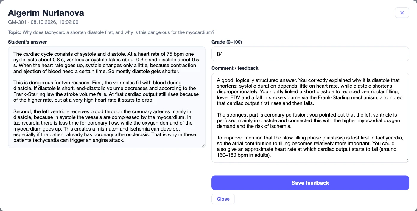 Essay card: the student's answer, a grade of 84 and AI-written feedback