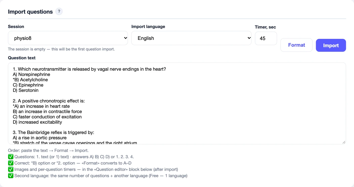 Question import: test text with the correct answers marked, the Format and Import buttons