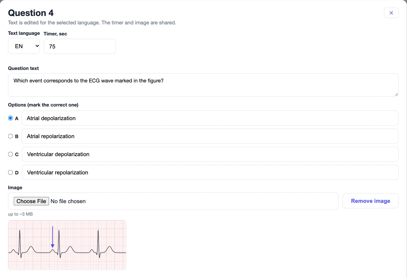 Question editor: question text and options, a 75-second timer and an ECG image